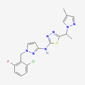 molecular formula C18H17ClFN7S B10924667 N-[1-(2-chloro-6-fluorobenzyl)-1H-pyrazol-3-yl]-5-[1-(4-methyl-1H-pyrazol-1-yl)ethyl]-1,3,4-thiadiazol-2-amine 