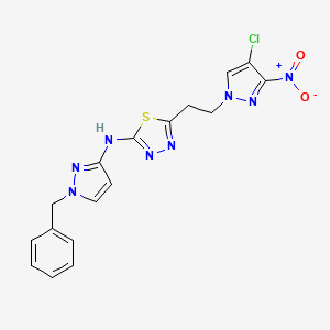 molecular formula C17H15ClN8O2S B10924675 N-(1-benzyl-1H-pyrazol-3-yl)-5-[2-(4-chloro-3-nitro-1H-pyrazol-1-yl)ethyl]-1,3,4-thiadiazol-2-amine 