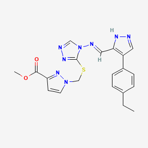 molecular formula C20H20N8O2S B10924853 methyl 1-({[4-({(E)-[4-(4-ethylphenyl)-1H-pyrazol-3-yl]methylidene}amino)-4H-1,2,4-triazol-3-yl]sulfanyl}methyl)-1H-pyrazole-3-carboxylate 