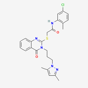 molecular formula C25H26ClN5O2S B10924880 N-(5-chloro-2-methylphenyl)-2-({3-[3-(3,5-dimethyl-1H-pyrazol-1-yl)propyl]-4-oxo-3,4-dihydroquinazolin-2-yl}sulfanyl)acetamide 