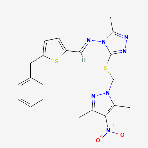 molecular formula C21H21N7O2S2 B10925194 N-[(E)-(5-benzylthiophen-2-yl)methylidene]-3-{[(3,5-dimethyl-4-nitro-1H-pyrazol-1-yl)methyl]sulfanyl}-5-methyl-4H-1,2,4-triazol-4-amine 