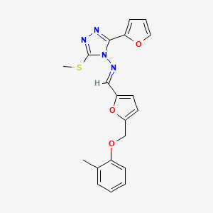 molecular formula C20H18N4O3S B10925226 3-(furan-2-yl)-N-[(E)-{5-[(2-methylphenoxy)methyl]furan-2-yl}methylidene]-5-(methylsulfanyl)-4H-1,2,4-triazol-4-amine 