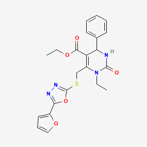 molecular formula C22H22N4O5S B10925381 Ethyl 1-ethyl-6-({[5-(furan-2-yl)-1,3,4-oxadiazol-2-yl]sulfanyl}methyl)-2-oxo-4-phenyl-1,2,3,4-tetrahydropyrimidine-5-carboxylate 