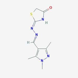 molecular formula C10H13N5OS B10925483 (2E)-2-{(2E)-[(1,3,5-trimethyl-1H-pyrazol-4-yl)methylidene]hydrazinylidene}-1,3-thiazolidin-4-one 