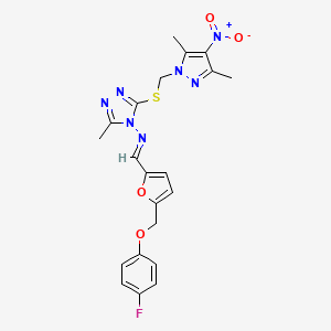 3-{[(3,5-dimethyl-4-nitro-1H-pyrazol-1-yl)methyl]sulfanyl}-N-[(E)-{5-[(4-fluorophenoxy)methyl]furan-2-yl}methylidene]-5-methyl-4H-1,2,4-triazol-4-amine