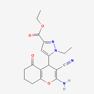 molecular formula C18H20N4O4 B10925526 Ethyl 5-(2-amino-3-cyano-5-oxo-5,6,7,8-tetrahydro-4H-chromen-4-YL)-1-ethyl-1H-pyrazole-3-carboxylate 