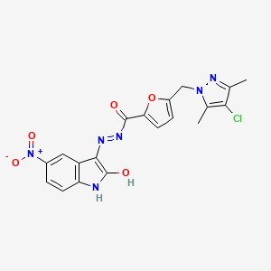 molecular formula C19H15ClN6O5 B10925538 5-[(4-chloro-3,5-dimethyl-1H-pyrazol-1-yl)methyl]-N'-[(3E)-5-nitro-2-oxo-1,2-dihydro-3H-indol-3-ylidene]furan-2-carbohydrazide 