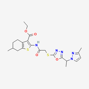 molecular formula C22H27N5O4S2 B10925679 ethyl 6-methyl-2-{[({5-[1-(3-methyl-1H-pyrazol-1-yl)ethyl]-1,3,4-oxadiazol-2-yl}sulfanyl)acetyl]amino}-4,5,6,7-tetrahydro-1-benzothiophene-3-carboxylate 