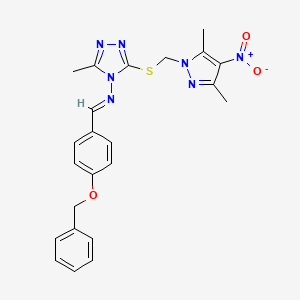 molecular formula C23H23N7O3S B10925777 N-{(E)-[4-(benzyloxy)phenyl]methylidene}-3-{[(3,5-dimethyl-4-nitro-1H-pyrazol-1-yl)methyl]sulfanyl}-5-methyl-4H-1,2,4-triazol-4-amine 