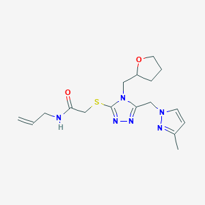 molecular formula C17H24N6O2S B10925931 2-({5-[(3-methyl-1H-pyrazol-1-yl)methyl]-4-(tetrahydrofuran-2-ylmethyl)-4H-1,2,4-triazol-3-yl}sulfanyl)-N-(prop-2-en-1-yl)acetamide 