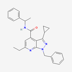 molecular formula C27H28N4O B10925971 1-benzyl-3-cyclopropyl-6-ethyl-N-(1-phenylethyl)-1H-pyrazolo[3,4-b]pyridine-4-carboxamide 