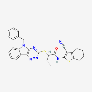 molecular formula C29H26N6OS2 B10926012 2-[(5-benzyl-5H-[1,2,4]triazino[5,6-b]indol-3-yl)sulfanyl]-N-(3-cyano-4,5,6,7-tetrahydro-1-benzothiophen-2-yl)butanamide 