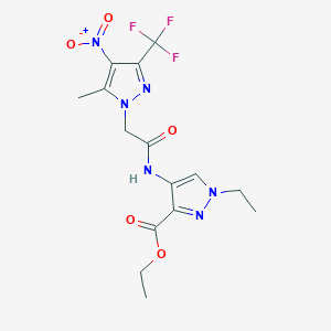 molecular formula C15H17F3N6O5 B10926043 ethyl 1-ethyl-4-({[5-methyl-4-nitro-3-(trifluoromethyl)-1H-pyrazol-1-yl]acetyl}amino)-1H-pyrazole-3-carboxylate 