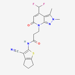 molecular formula C20H19F2N5O2S B10926160 N-(3-cyano-5,6-dihydro-4H-cyclopenta[b]thiophen-2-yl)-3-[4-(difluoromethyl)-2,3-dimethyl-6-oxo-2,6-dihydro-7H-pyrazolo[3,4-b]pyridin-7-yl]propanamide 