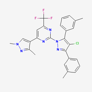 molecular formula C27H22ClF3N6 B10926289 2-[4-chloro-3,5-bis(3-methylphenyl)-1H-pyrazol-1-yl]-4-(1,3-dimethyl-1H-pyrazol-4-yl)-6-(trifluoromethyl)pyrimidine 