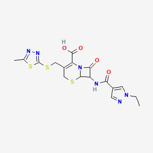 molecular formula C17H18N6O4S3 B10926291 7-{[(1-ethyl-1H-pyrazol-4-yl)carbonyl]amino}-3-{[(5-methyl-1,3,4-thiadiazol-2-yl)sulfanyl]methyl}-8-oxo-5-thia-1-azabicyclo[4.2.0]oct-2-ene-2-carboxylic acid 