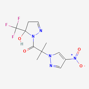 molecular formula C11H12F3N5O4 B10926305 1-[5-hydroxy-5-(trifluoromethyl)-4,5-dihydro-1H-pyrazol-1-yl]-2-methyl-2-(4-nitro-1H-pyrazol-1-yl)propan-1-one 