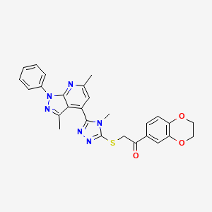 molecular formula C27H24N6O3S B10926355 1-(2,3-dihydro-1,4-benzodioxin-6-yl)-2-{[5-(3,6-dimethyl-1-phenyl-1H-pyrazolo[3,4-b]pyridin-4-yl)-4-methyl-4H-1,2,4-triazol-3-yl]sulfanyl}ethanone 