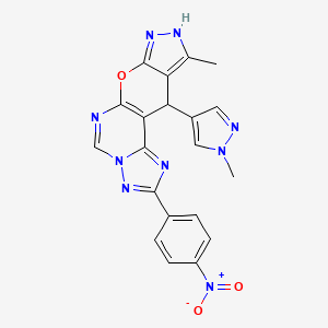 molecular formula C20H15N9O3 B10926364 14-methyl-16-(1-methylpyrazol-4-yl)-4-(4-nitrophenyl)-10-oxa-3,5,6,8,12,13-hexazatetracyclo[7.7.0.02,6.011,15]hexadeca-1(9),2,4,7,11,14-hexaene 