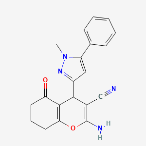 molecular formula C20H18N4O2 B10926438 2-Amino-4-(1-methyl-5-phenyl-1H-pyrazol-3-YL)-5-oxo-5,6,7,8-tetrahydro-4H-chromen-3-YL cyanide 