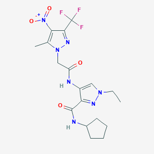 molecular formula C18H22F3N7O4 B10926443 N-cyclopentyl-1-ethyl-4-({[5-methyl-4-nitro-3-(trifluoromethyl)-1H-pyrazol-1-yl]acetyl}amino)-1H-pyrazole-3-carboxamide 