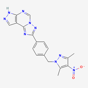 molecular formula C18H15N9O2 B10926463 2-{4-[(3,5-dimethyl-4-nitro-1H-pyrazol-1-yl)methyl]phenyl}-7H-pyrazolo[4,3-e][1,2,4]triazolo[1,5-c]pyrimidine 