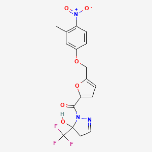 molecular formula C17H14F3N3O6 B10926486 [5-hydroxy-5-(trifluoromethyl)-4,5-dihydro-1H-pyrazol-1-yl]{5-[(3-methyl-4-nitrophenoxy)methyl]furan-2-yl}methanone 