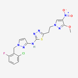 molecular formula C18H16ClFN8O3S B10926490 N-[1-(2-chloro-6-fluorobenzyl)-1H-pyrazol-3-yl]-5-[2-(3-methoxy-4-nitro-1H-pyrazol-1-yl)ethyl]-1,3,4-thiadiazol-2-amine 