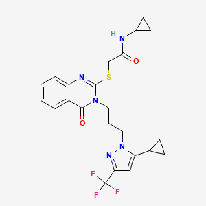 molecular formula C23H24F3N5O2S B10926677 N-cyclopropyl-2-[(3-{3-[5-cyclopropyl-3-(trifluoromethyl)-1H-pyrazol-1-yl]propyl}-4-oxo-3,4-dihydroquinazolin-2-yl)sulfanyl]acetamide 