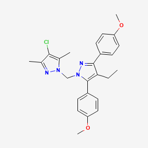 molecular formula C25H27ClN4O2 B10926714 4-chloro-1-{[4-ethyl-3,5-bis(4-methoxyphenyl)-1H-pyrazol-1-yl]methyl}-3,5-dimethyl-1H-pyrazole 