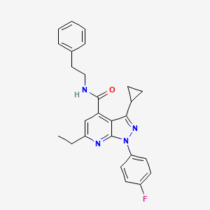 molecular formula C26H25FN4O B10926848 3-cyclopropyl-6-ethyl-1-(4-fluorophenyl)-N-(2-phenylethyl)-1H-pyrazolo[3,4-b]pyridine-4-carboxamide 