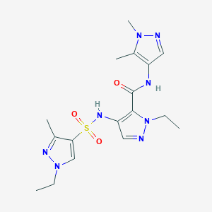 molecular formula C17H24N8O3S B10926915 N-(1,5-dimethyl-1H-pyrazol-4-yl)-1-ethyl-4-{[(1-ethyl-3-methyl-1H-pyrazol-4-yl)sulfonyl]amino}-1H-pyrazole-5-carboxamide 