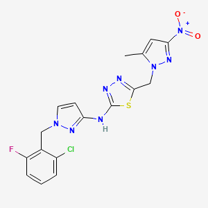 molecular formula C17H14ClFN8O2S B10927006 N-[1-(2-chloro-6-fluorobenzyl)-1H-pyrazol-3-yl]-5-[(5-methyl-3-nitro-1H-pyrazol-1-yl)methyl]-1,3,4-thiadiazol-2-amine 