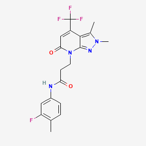 molecular formula C19H18F4N4O2 B10927103 3-[2,3-dimethyl-6-oxo-4-(trifluoromethyl)-2,6-dihydro-7H-pyrazolo[3,4-b]pyridin-7-yl]-N-(3-fluoro-4-methylphenyl)propanamide 