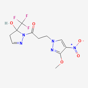 molecular formula C11H12F3N5O5 B10927300 1-[5-hydroxy-5-(trifluoromethyl)-4,5-dihydro-1H-pyrazol-1-yl]-3-(3-methoxy-4-nitro-1H-pyrazol-1-yl)propan-1-one CAS No. 1005662-41-8