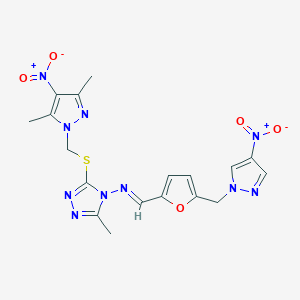 molecular formula C18H18N10O5S B10927505 3-{[(3,5-dimethyl-4-nitro-1H-pyrazol-1-yl)methyl]sulfanyl}-5-methyl-N-[(E)-{5-[(4-nitro-1H-pyrazol-1-yl)methyl]furan-2-yl}methylidene]-4H-1,2,4-triazol-4-amine 