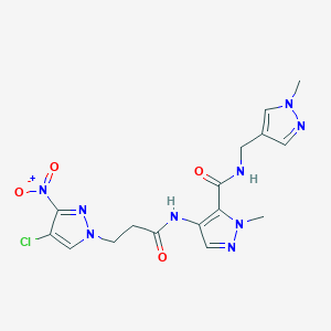 molecular formula C16H18ClN9O4 B10927577 4-{[3-(4-chloro-3-nitro-1H-pyrazol-1-yl)propanoyl]amino}-1-methyl-N-[(1-methyl-1H-pyrazol-4-yl)methyl]-1H-pyrazole-5-carboxamide 