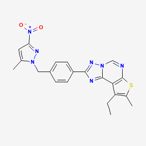 molecular formula C21H19N7O2S B10927611 9-ethyl-8-methyl-2-{4-[(5-methyl-3-nitro-1H-pyrazol-1-yl)methyl]phenyl}thieno[3,2-e][1,2,4]triazolo[1,5-c]pyrimidine 