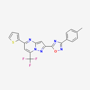 molecular formula C20H12F3N5OS B10927661 2-[3-(4-Methylphenyl)-1,2,4-oxadiazol-5-yl]-5-(thiophen-2-yl)-7-(trifluoromethyl)pyrazolo[1,5-a]pyrimidine 