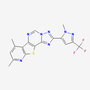 molecular formula C17H12F3N7S B10927712 11,13-dimethyl-4-[2-methyl-5-(trifluoromethyl)pyrazol-3-yl]-16-thia-3,5,6,8,14-pentazatetracyclo[7.7.0.02,6.010,15]hexadeca-1(9),2,4,7,10(15),11,13-heptaene 