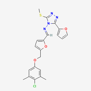 molecular formula C21H19ClN4O3S B10927834 N-[(E)-{5-[(4-chloro-3,5-dimethylphenoxy)methyl]furan-2-yl}methylidene]-3-(furan-2-yl)-5-(methylsulfanyl)-4H-1,2,4-triazol-4-amine 