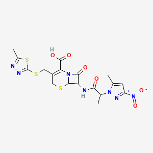 molecular formula C18H19N7O6S3 B10927852 7-{[2-(5-methyl-3-nitro-1H-pyrazol-1-yl)propanoyl]amino}-3-{[(5-methyl-1,3,4-thiadiazol-2-yl)sulfanyl]methyl}-8-oxo-5-thia-1-azabicyclo[4.2.0]oct-2-ene-2-carboxylic acid 