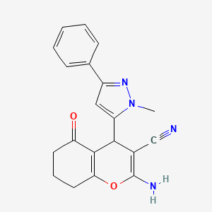 2-Amino-4-(1-methyl-3-phenyl-1H-pyrazol-5-YL)-5-oxo-5,6,7,8-tetrahydro-4H-chromen-3-YL cyanide