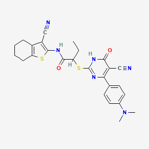 molecular formula C26H26N6O2S2 B10928058 2-({5-cyano-4-[4-(dimethylamino)phenyl]-6-oxo-1,6-dihydropyrimidin-2-yl}sulfanyl)-N-(3-cyano-4,5,6,7-tetrahydro-1-benzothiophen-2-yl)butanamide 