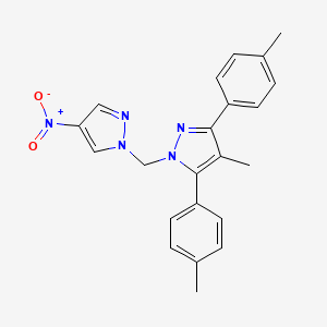 molecular formula C22H21N5O2 B10928062 4-methyl-3,5-bis(4-methylphenyl)-1-[(4-nitro-1H-pyrazol-1-yl)methyl]-1H-pyrazole 