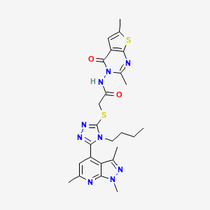 molecular formula C25H29N9O2S2 B10928099 2-{[4-butyl-5-(1,3,6-trimethyl-1H-pyrazolo[3,4-b]pyridin-4-yl)-4H-1,2,4-triazol-3-yl]sulfanyl}-N-(2,6-dimethyl-4-oxothieno[2,3-d]pyrimidin-3(4H)-yl)acetamide 