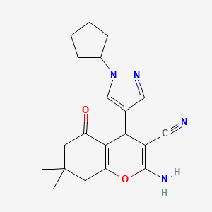 molecular formula C20H24N4O2 B10928113 2-Amino-4-(1-cyclopentyl-1H-pyrazol-4-YL)-7,7-dimethyl-5-oxo-5,6,7,8-tetrahydro-4H-chromen-3-YL cyanide 