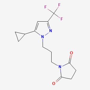 molecular formula C14H16F3N3O2 B10928317 1-{3-[5-cyclopropyl-3-(trifluoromethyl)-1H-pyrazol-1-yl]propyl}pyrrolidine-2,5-dione 