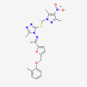 3-{[(3,5-dimethyl-4-nitro-1H-pyrazol-1-yl)methyl]sulfanyl}-5-methyl-N-[(E)-{5-[(2-methylphenoxy)methyl]furan-2-yl}methylidene]-4H-1,2,4-triazol-4-amine