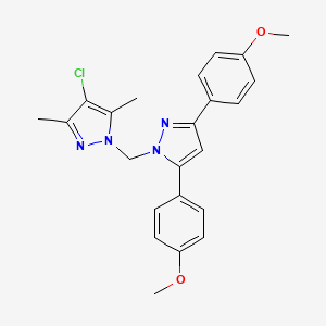 molecular formula C23H23ClN4O2 B10928956 1-{[3,5-bis(4-methoxyphenyl)-1H-pyrazol-1-yl]methyl}-4-chloro-3,5-dimethyl-1H-pyrazole 